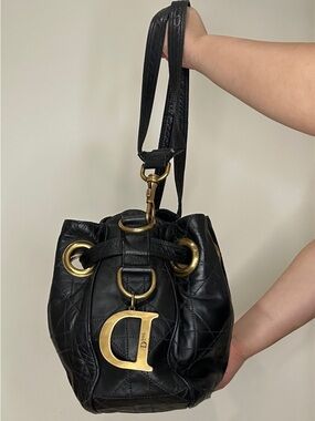 Dior Black Quilted Leather Drawstring Shoulder Bag with Gold 'D' Charm